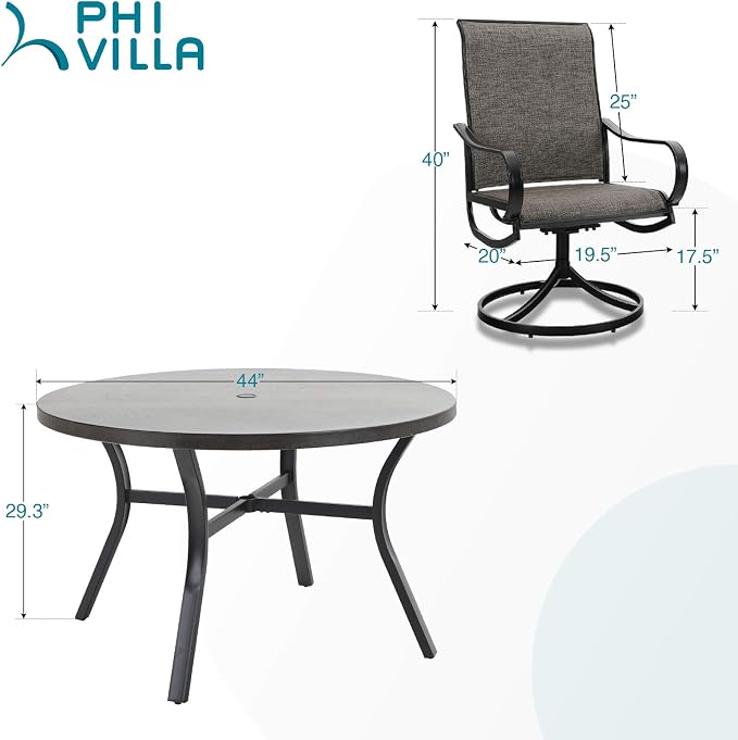 PHI VILLA 5 Piece Outdoor Patio Dining Set with Large Round Table, 4 Swivel Patio Dining Chairs with Metal Frame and Textilene Fabric, 44" Dia Wood-Like Metal Dining Table