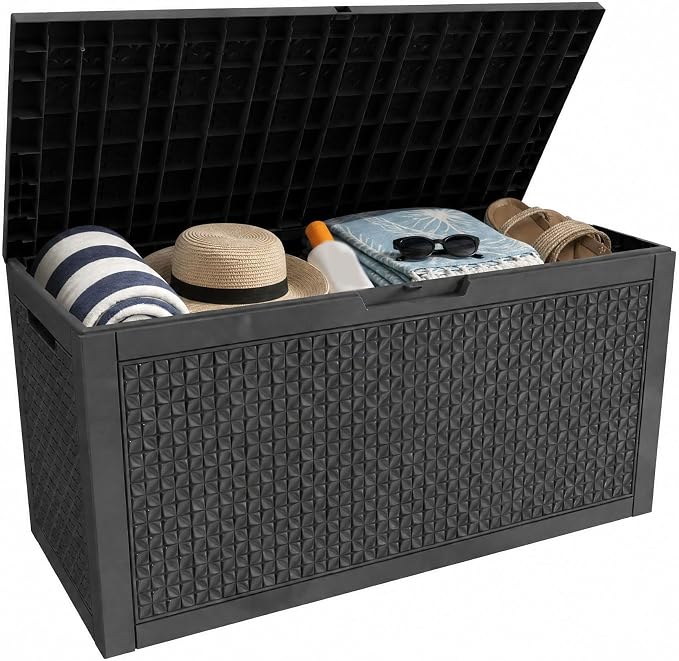110 Gallon Outdoor Deck Storage Box, All Weather Diamond Woven Textured Lockable Storage Bin for Poolside, Patio & Backyard Large Outdoor Storage (Black,110GAL)