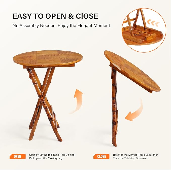 VINGLI 26.5 Inch Foldable Bamboo Round Table - Portable Lightweight Design for Indoor/Outdoor Use, Easy Assembly & Space-Saving Storage