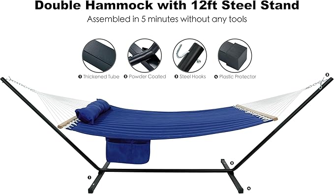 2 Person Hammock with Stand for Outside, Heavy Duty Steel Stand, Double 55inch Hammocks, Large Removable Pillow, Storage Bags, Max 475 lbs Capacity (Blue)