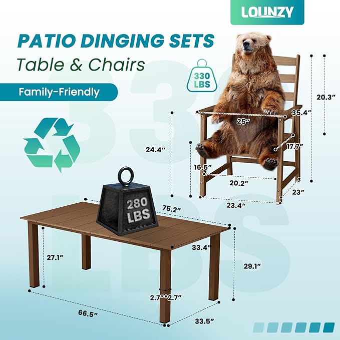 LOUNZY 7 Pieces Patio Dining Sets, 75.2'' Table Outdoor HDPE Furniture Set for 6 w/ 2" Hole Cut-Out Dining Table with 6 Patio Chairs for Pool, Lawn and Garden,Brown