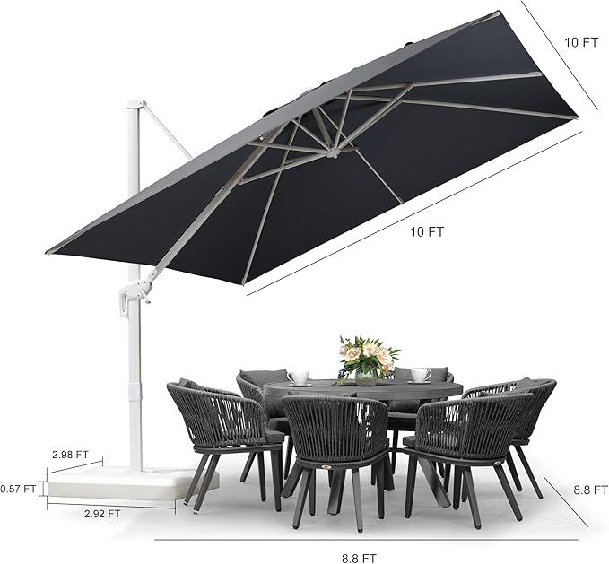 PURPLE LEAF 10 FT Patio Umbrella With Base White Cantilever Umbrella Square Outdoor Offset Windproof with 360° Rotation for Garden Deck Pool, Grey