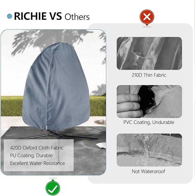 【Upgraded】RICHIE 75”x45” Patio Egg Chair Covers Waterproof & UV Resistant, Heavy-Duty Zippered Cover for Outdoor Egg Swing Chairs, Hanging Chairs, All-Weather Protection for Garden, Balcony - Grey