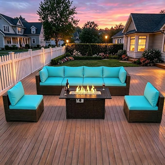 LEVELEVE 8-Piece Wicker Patio Conversation Set with 44" Propane Fire Pit Table, Cozy Outdoor Sectional Sofa for Backyard Gatherings, Poolside Lounging & Garden Parties