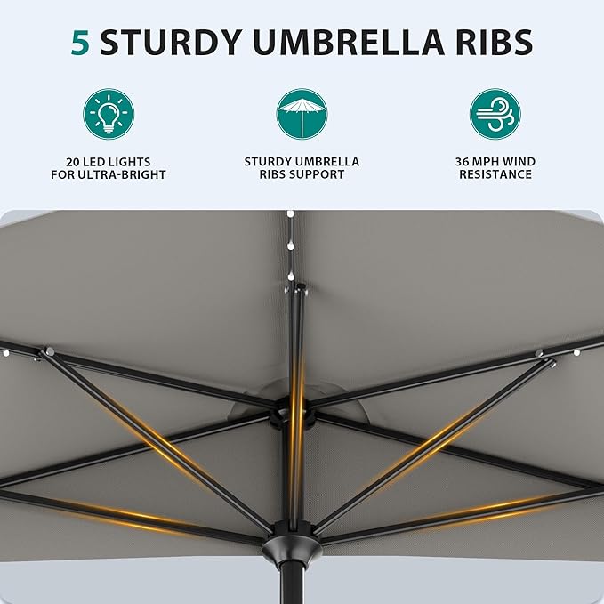 AreShark 9ft Patio Half Umbrellas with Solar Lights, 1/2 LED Half Outdoor Umbrella w/ 20 LED Lights, Lighted Table Wall Umbrella with Crank & 5 Sturdy Ribs for Market, Pool, Deck, Lawn and Garden, Foggy Gray