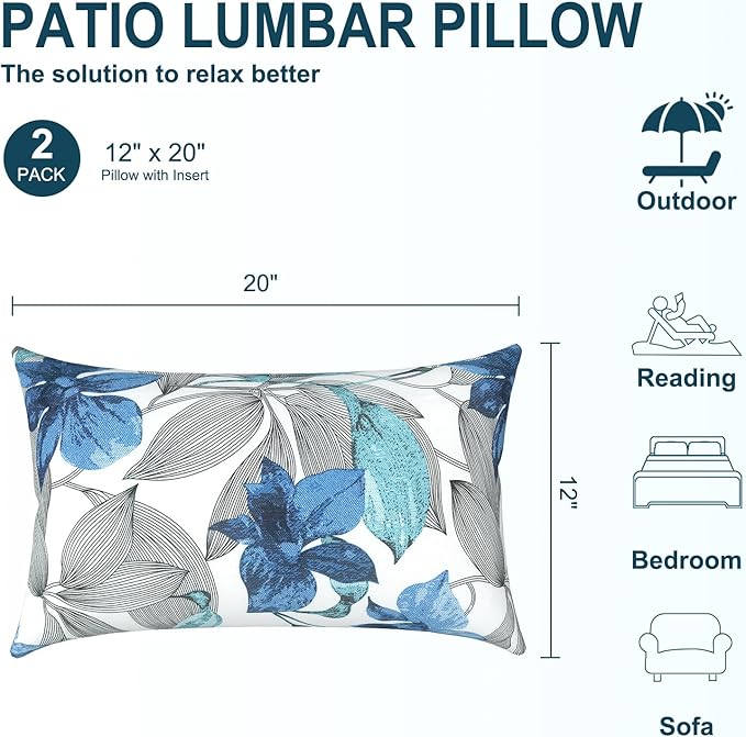 DYTXIII Pack of 2 Waterproof Outdoor Lumbar Pillow with Inserts, 12x20 in Rectangle Decorative Patio Throw Pillow for Home, Sofa,Bench and Patio Furniture, Clemens Noir Blue