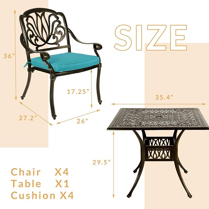 5-Piece Outdoor Patio Dining Set, All-Weather Cast Aluminum Patio Furniture Set for Backyard Garden Deck with 4 Chairs, 4 Cushions and 35.4” Square Table, 2.2" Umbrella Hole, Blue