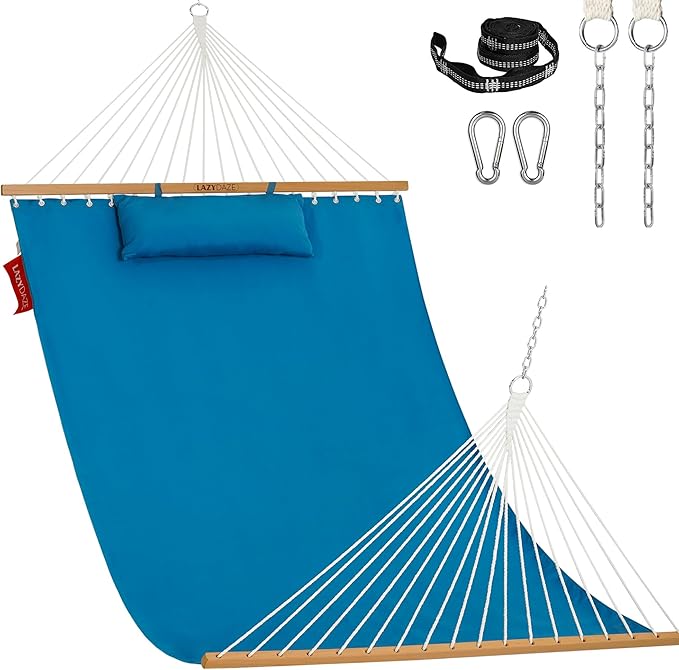 Lazy Daze Hammocks 12 FT Sunbrella Fabric Hammock not Fading with Spreader Bars and Free Pillow Fits for 2 Persons, All Weather and Fade Resistant for Patio Yard, 450 lbs Capacity, Canvas Pacific Blue