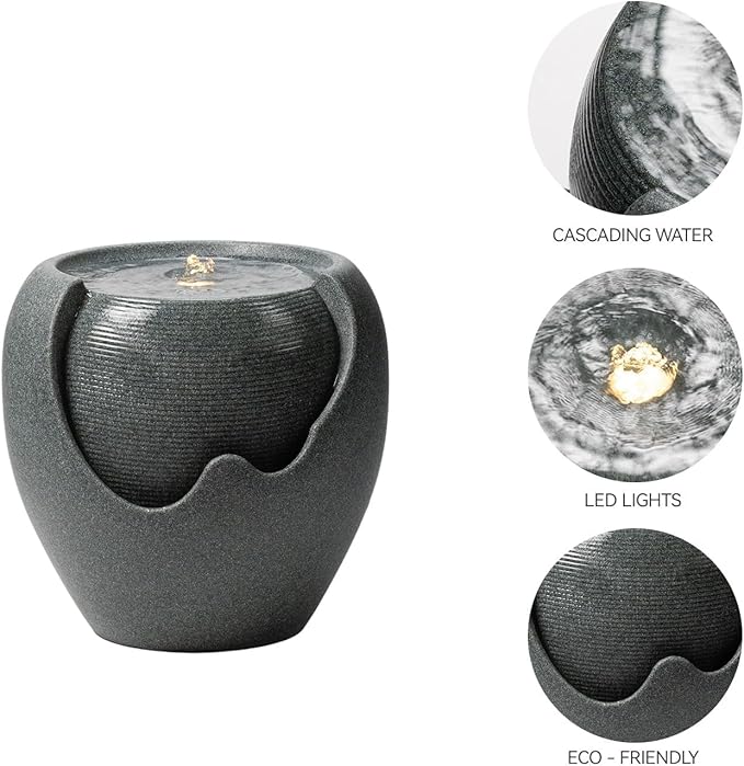 16.93” H Outdoor Water Fountain Made with Eco-Friendly Recyclable Materials, Polyethylene Round Bubbler Water Fountain Outdoor, Garden Decor with LED Light for Patio, Porch, Backyard (16.93")