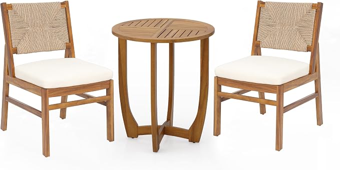 Merax Outdoor Farmhouse Acacia Wood Bistro Set of 3, Patio 27.5" Round Dining Table,2 Wicker Back Dining Chairs with Cushions for Deck, Yard, Porch, Weather Resistant, Easy Assembly, Cream+Teak
