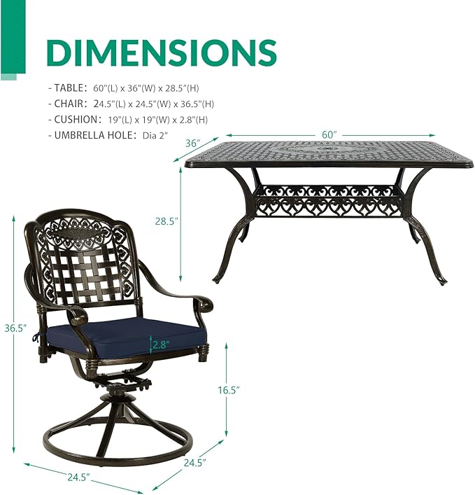 VIVIJASON 7-Piece Outdoor Furniture Dining Set, All-Weather Cast Aluminum Patio Conversation Set, Include 6 Swivel Dining Chairs and a Rectangle Table with Umbrella Hole, Navy Blue Cushion