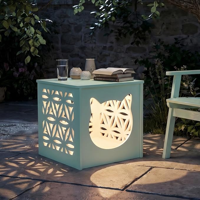VINGLI Outdoor Side Table with Cat House and LED Light, 15.6" Resin Waterproof Square Side Table End Table for Patio Garden Balcony Porch (Green)