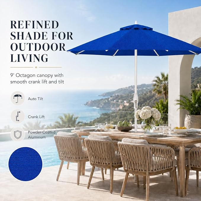 Treasure Garden 9ft Patio Umbrella - Outdoor Furniture Market Umbrella – Deluxe Auto-Tilt – White Aluminum Frame (Sunbrella, Pacific Blue)