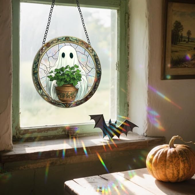 Acrylic Halloween Sun Catcher - 7.87 Inch Round Suncatcher for Window Hanging Decoration - Creates Indoor Rainbows Light Refraction - Spooky Ghost, Witch, Pumpkin Design