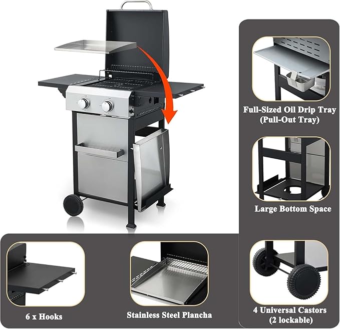 2-Burner Propane Gas BBQ Grill with Wire Enamel Cooking Grids & SS Plancha, 24,600 BTU Output Stainless Steel Grill with Foldable Side Table and Hanging Basket for Outdoor Backyard Barbecue