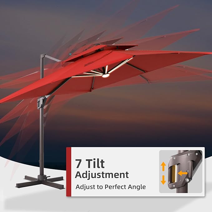 9x12 FT Patio Umbrella with LED Lights Cantilever Outdoor Large Heavy Duty Rectangle Aluminum Offset Umbrellas Double Top 360 Rotation 7 Tilt Adjustment for Pool Deck Garden, Red