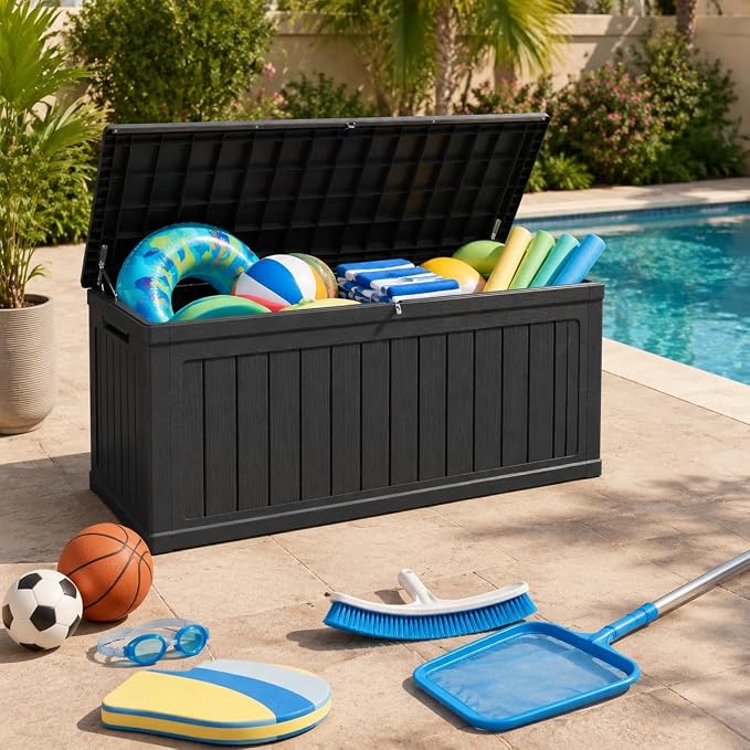 180 Gallon Large Outdoor Storage XXL Deck Box for Patio Furniture, Outdoor Cushions, Garden Tools and Sports/Pools Equipment, Waterproof Resin, Lockable, Black (Black + Plastic-1)