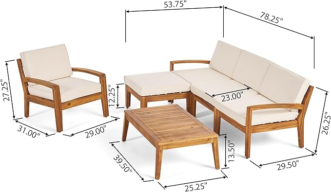 Christopher Knight Home Outdoor Acacia Wood 4-Seater Sectional Conversation Set with Ottoman and Coffee Table, Teak Finish and Beige Cushions