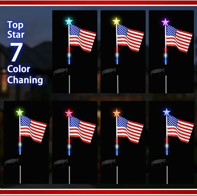 US Flag Solar Garden Lights, 7 Color Changing American Flag Light 4th of July Decorations Lights Patriotic Solar Lights Outdoor for Independence Day Memory Day Garden Yard - 4 Pack