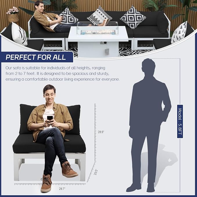 BULEXYARD 7 Seat Large Aluminum Patio Conversation Set with Lounge & Fire Pit Table, 29" Deep Wide Seat, High End Modular Sectional Seating, 500 lbs Heavy Duty Anti-Rust Outdoor Sofa for Pool, Black