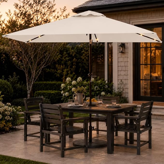 6.5 x 10ft Rectangular Patio Umbrella with Solar Lights, 16 LED Lighted Market Umbrella with Push-Button Tilt and Crank, 6 Sturdy Iron Ribs for Garden, Deck, Pool, Creamy White