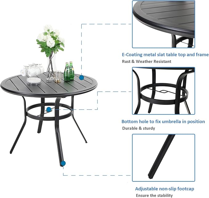 MFSTUDIO Patio Table and Chairs Set of 4, Round Outdoor Dining Set with Umbrella Hole, 5 Piece Patio Furniture Set for Deck/Backyard/Poolside/Garden