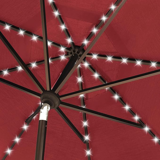 EliteShade USA 10-Year-Non-Fading 10ft Market Patio Umbrella, Commercial Grade Table Sun Umbrella with 80 Solar LED Lights, Crank Open, Windproof & UPF 50+ UV Protection for Garden, Deck, Pool, Backyard, Burgundy