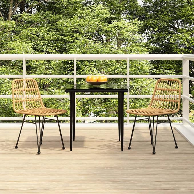 3 Piece Patio Dining Set, PE Rattan Wicker Bistro Set with Square Tempered Glass Table and 2 Chairs, Powder-Coated Steel Frame Outdoor Furniture for Balcony and Small Space