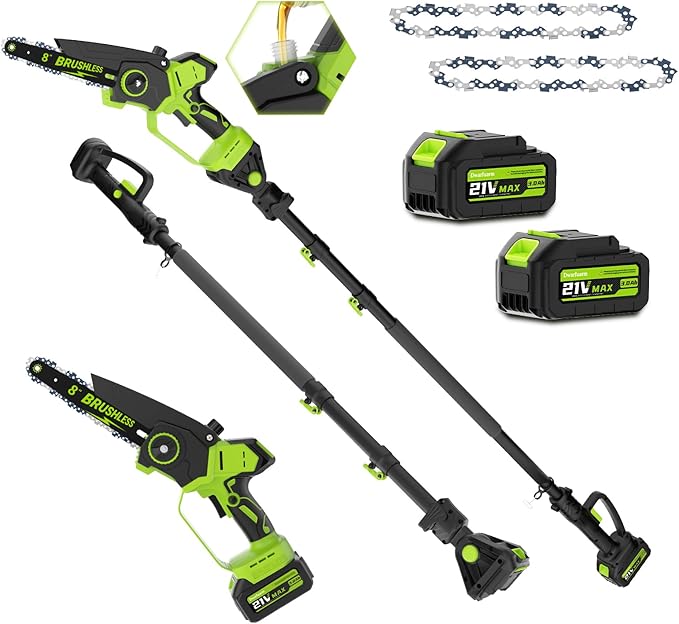 2-In-1 Cordless Electric Pole Saw for Tree Trimming, 8 Inch Chainsaw with 2 x 3000mAh Batteries, LCD Display, 15.6 FT Max Reach, 180° Adjustable Cutting Head for Tree Trimmer Limb Branch Cutter Pruner