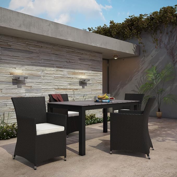 Modway Junction Wicker Rattan 5-Piece Outdoor Patio Dining Set with 63" Dining Table and Four Dining Armchairs with Cushions in Brown White