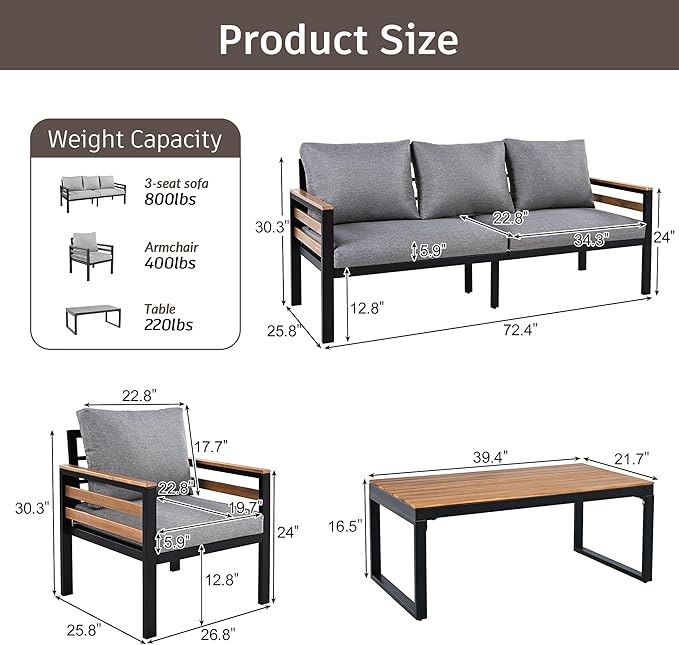 4-Piece Patio Set, Outdoor Furniture Sofa Set for 5 People with Acacia Wood Armrests, Conversation Set with Solid Wood Coffee Table, 2 Single Chairs, 3-Seater Sofa for Garden and Backyard (Gray/453)