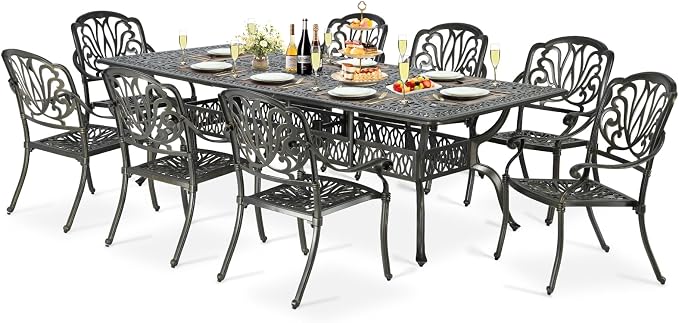 9-Piece Patio Cast Aluminum Dining Set, Outdoor Dining Furniture Set for 8 Person, Includes 94.5" Rectangular Dining Table and 8 Chairs with Umbrella Hole for Patio Deck Garden