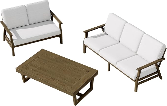 3 Pieces Patio Furniture Sets, Teak Wood Outdoor Sectional Furniture with Coffee Table, 5 Seats Patio Sofa Couch Conversation Set for Backyard Deck - Beige