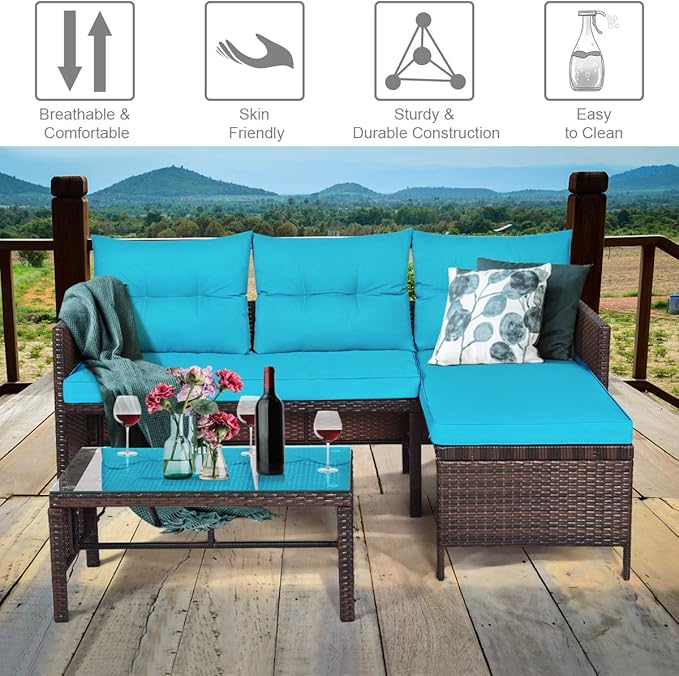 DORTALA 3 Piece Wicker Patio Furniture Set, PE Rattan Outdoor Sectional Sofa Conversation Set with Loveseat, Lounge and Tempered Glass Coffee Table for Garden Lawn Deck (Turquoise)