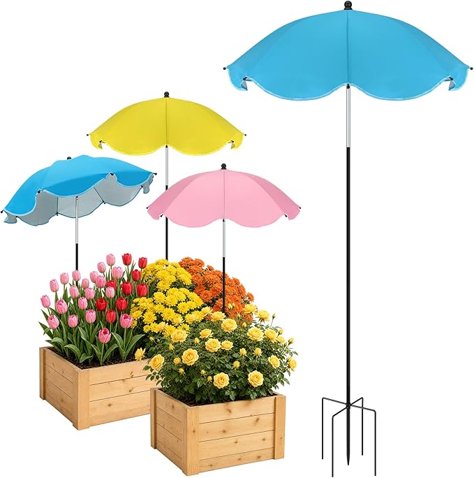 Cosweet Plant Umbrellas for Outdoor Plants with Stable 5 Prong Base & Adjustable Angle Height - 26" Larger UV-Resistant Garden Umbrella Shade, Easy Install for Raised Bed Potted Flowers
