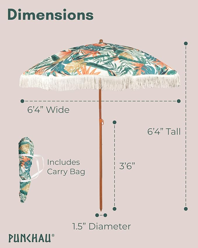 6 Ft Fringe Patio Umbrella - Outdoor Umbrella for Patio, Pool, Table, Garden, Deck, Beach, and Outdoors - Fashionable Boho Vintage Tassels & Wood Print - Push Button Tilt Pole