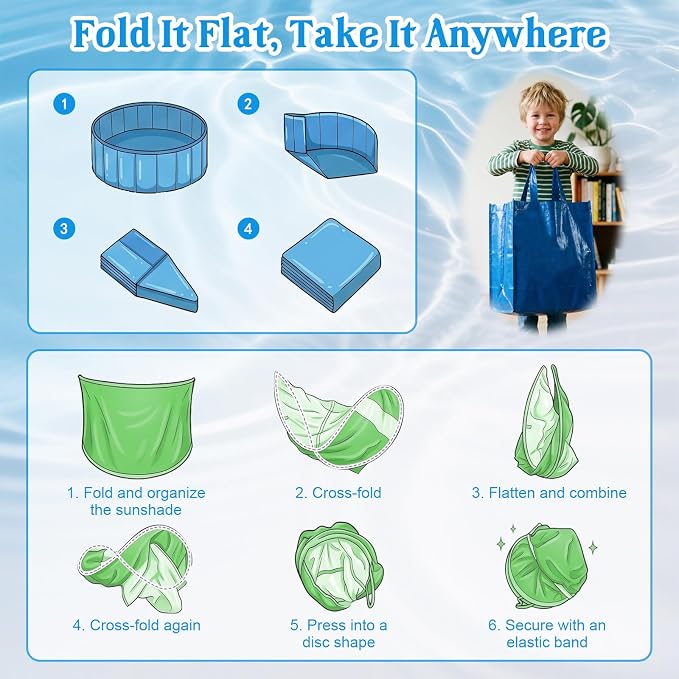 Baby Pool with Canopy, 47" x 12" Airless Foldable Kiddie Pool with UPF 50+ Sunshade, Mosquito Net, Water Sprinkler – Easy Folding & Carry for Toddlers, Infants, Backyard, Beach, Travel