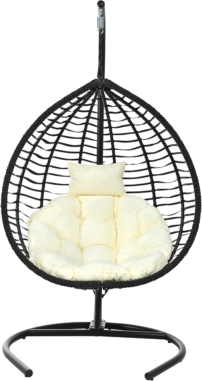 Folding Egg Chair, Outdoor Hanging Hammock Chair with Stand, Patio Wicker Hanging Chair with Iron Frame and Plush Cushion & Removable Headrest for Bedroom, Balcony, Garden (BlackBeige-A)