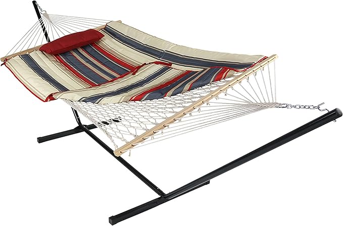 Sunnydaze Rope Hammock with Stand for Outside- 275-Pound Capacity - Includes 12-Foot Hammock Stand, Spreader Bar, Pad, and Pillow - Modern Lines