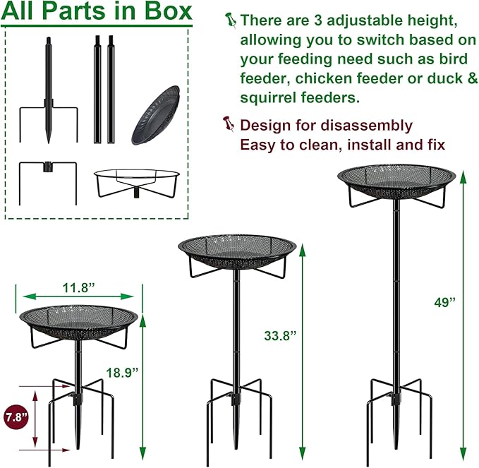 Standing Bird Feeder Tray,11.8" Stainless Steel Large Platform Bird Feeder Mesh Seed Tray with Adjustable Heavy Duty Stand Birds Feeder Pole for Outside Wild Birds in Garden Backyard