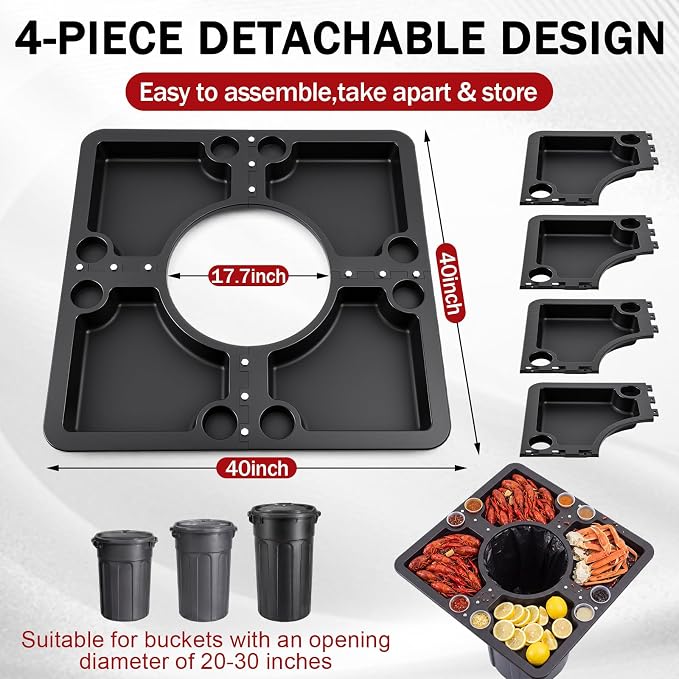 Vercraft 40 x 40 Inch Four-in-one Detachable Seafood Crawfish Event Table Plastic Lobster Boil Table with 4 Large Serving Areas and 8 Beverage Holders for Crawfish Boils, BBQ, Camp, Tailgating, Picnic