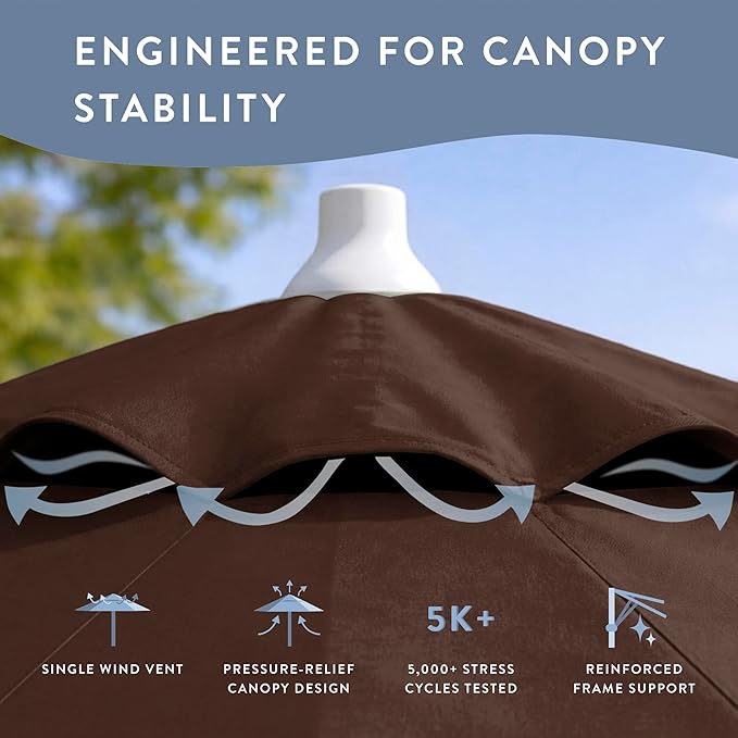 California Umbrella 10-Year Protection 9 Ft Outdoor Patio Umbrella, Pacifica Fade-Resistant Fabric, Auto-Tilt, Heavy Duty Aluminum Frame, 8 Reinforced Ribs for Pool or Deck, White Pole, Mocha