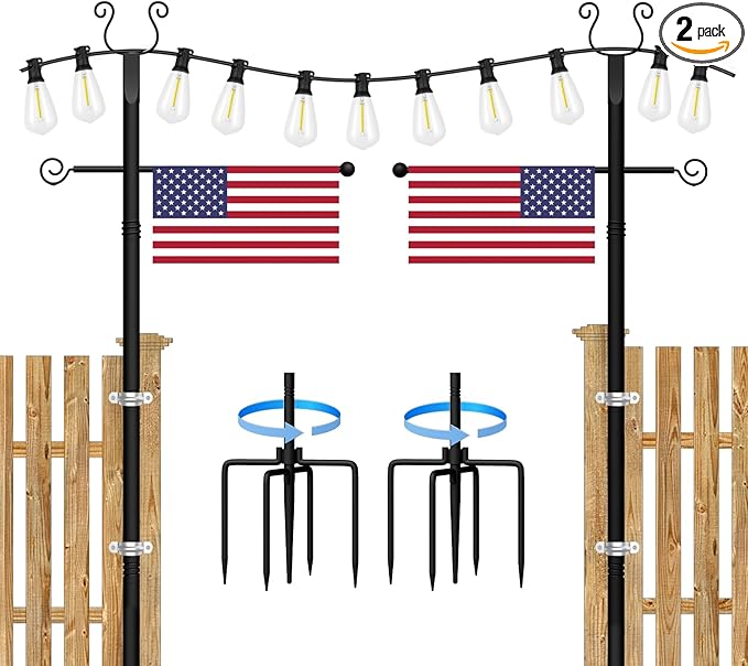 2 Pack String Light Poles - 10 Ft Patio Heavy Metal Lighting Posts, Adjustable Outdoor Stand with Fork for Backyard Deck Garden Wedding