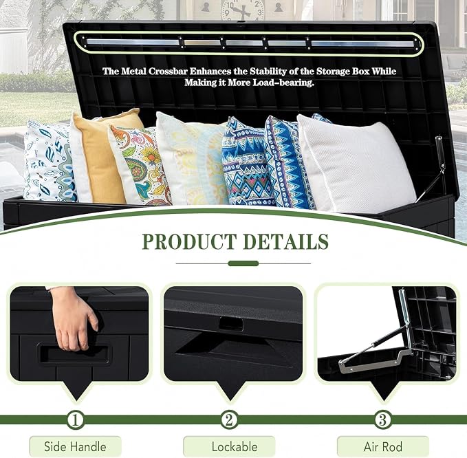 100 Gallon Resin Deck Box Large Outdoor Storage with Imitation Rattan Weave Texture Weatherproof UV Resistant Lockable for Patio Furniture Garden Tools Pool Supplies Dark Black