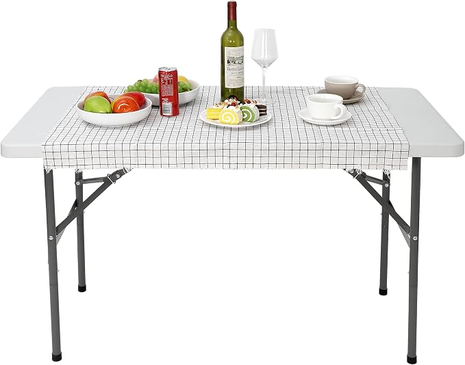 JupiterForce 4ft Folding Table, Indoor Outdoor Portable Plastic Picnic Table, Heavy Duty Rectangular Party Camping Dining Table with Carrying Handle, White