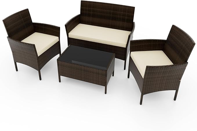 ORALNER 4 Pieces Patio Furniture Set, Rattan Chairs Loveseat with Soft Cushion and Glass Table, Outdoor Wicker Conversation Set for Balcony Garden Backyard Porch Poolside (Beige)