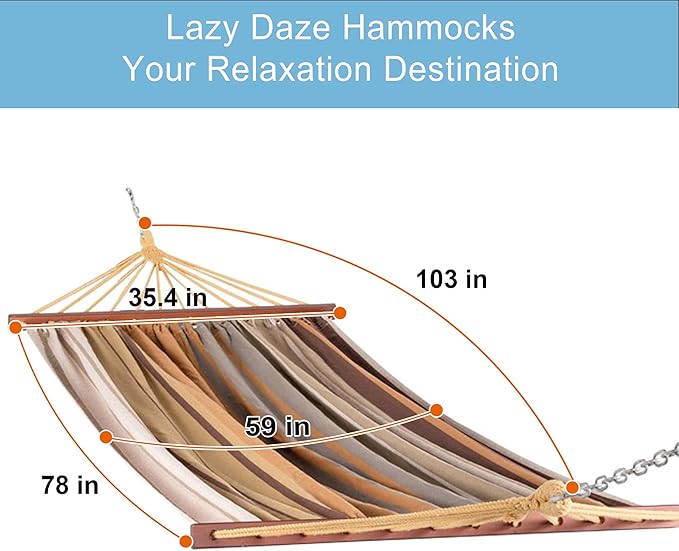 Lazy Daze Hammocks Cotton Fabric Spreader Bar Hammock and 10.5 Ft Wood Arc Hammock Stand Combo, for Indoor, Outdoor, Patio, Garden, Backyard, Khaki and Brown