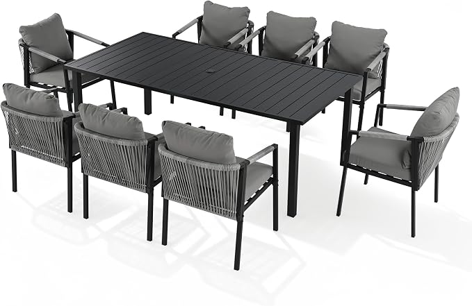 Patio Dining Set, 9-Piece Woven Rope Rattan Dining Table and Chairs Set | Metal Woven Wicker Rope Chairs with Cushions, All-Weather PE Rattan Outdoor Dining Set for Lawn Garden