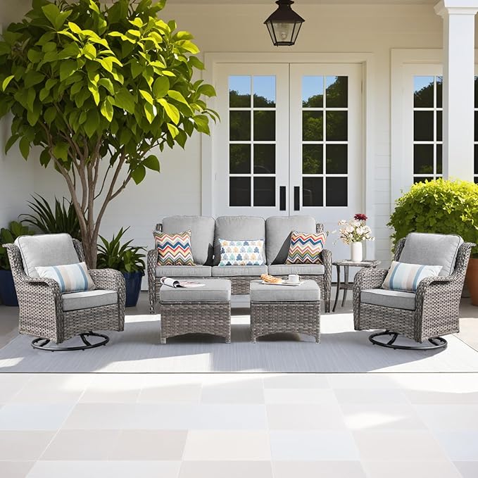 ovios 6-Pieces Patio Furniture Set with Swivel Chairs, Outdoor Wicker Sofa Couch Gliders Rocker Comfy Cushions, High Back Modern Conversation Set, Grey Rattan, Grey