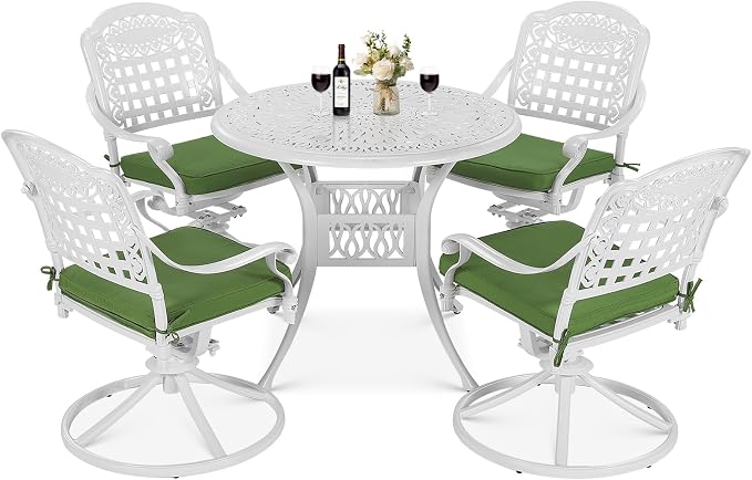 VIVIJASON 5-Piece Outdoor Patio Dining Set, All-Weather Cast Aluminum Conversation Set, Patio Furniture Set for Backyard, Include 4 Swivel Rocker Chairs, a 35.4" Round Table w/Umbrella Hole, White